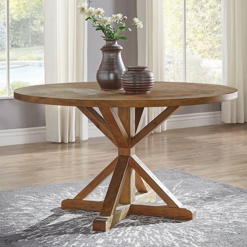 Krakova Rustic X-Base Round Pine Wood Dining Table