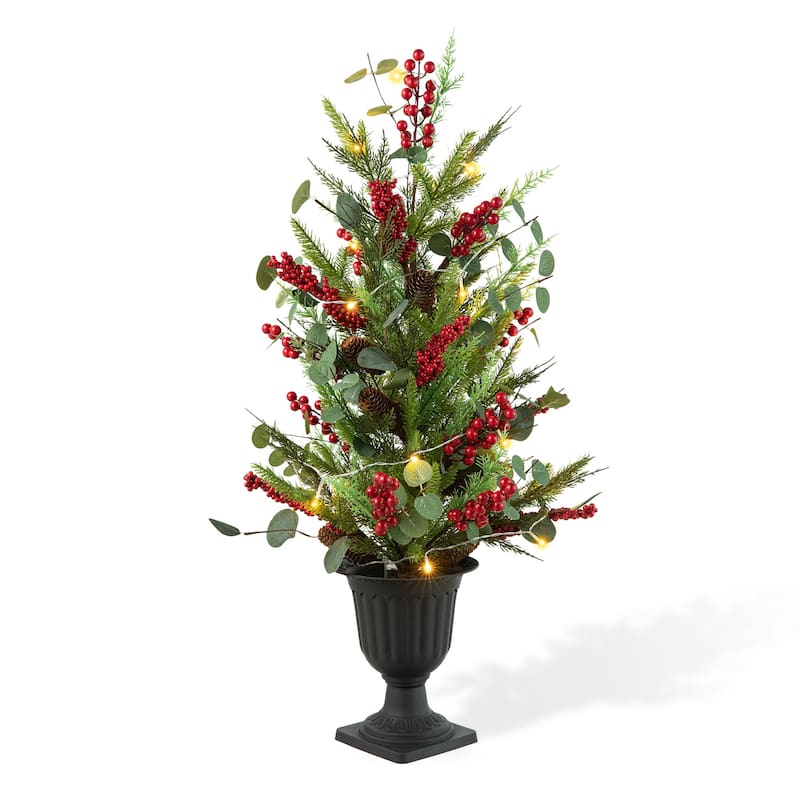 Glitzhome 3ft Christmas Lighted Pine Needle and Eucalyptus Leaf Urn Porch Tree with Timer
