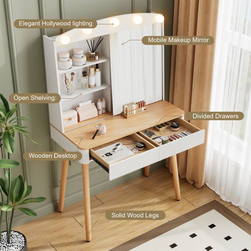 Small Vanity Desk with Mirror and Lights, Big-capacity Storage and Sliding Mirror, Vanity Set with Two Fluted Drawers