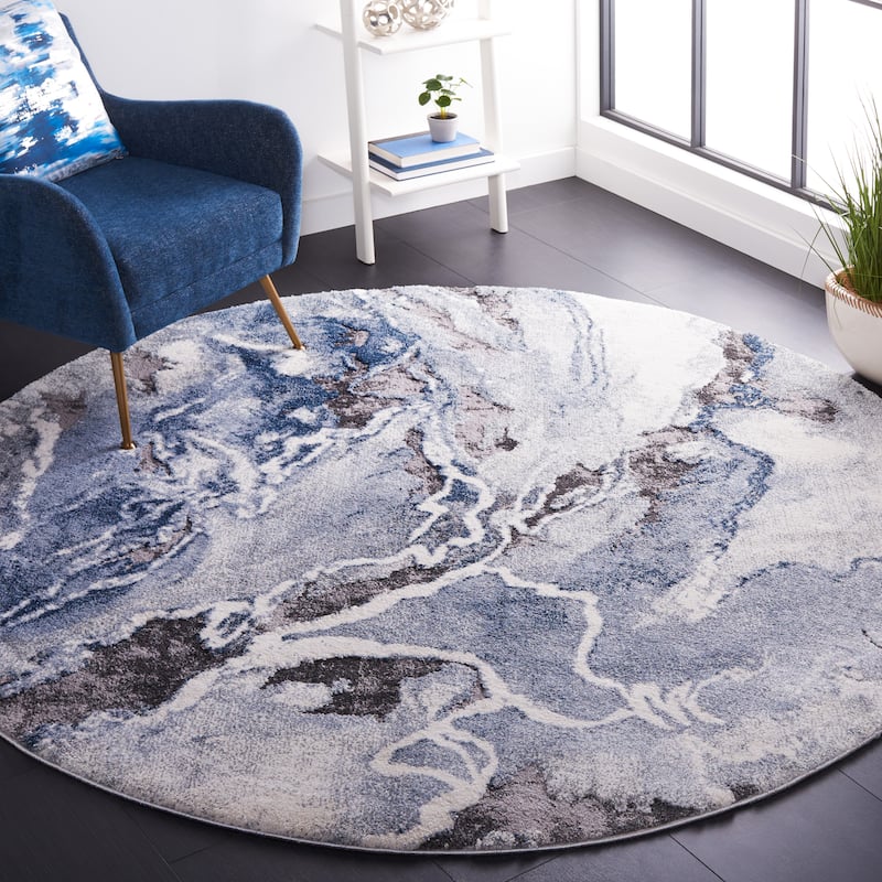 SAFAVIEH Cyrus Shag Kerasoula Abstract 1-inch Thick Rug - 6'7" Round - Ivory/Blue - Round