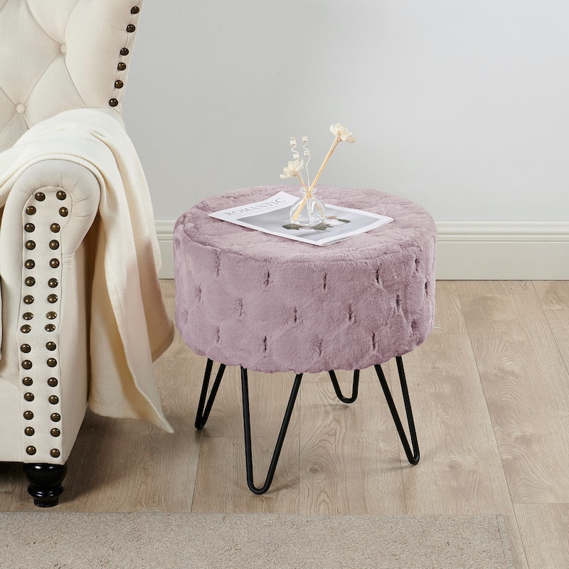 Jacquard Solid Fauxfur Round Ottoman