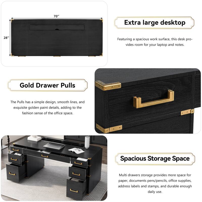 70" Traditional Executive Desk with Metal Trim, 2 File Drawers, USB Ports & Hidden Compartment