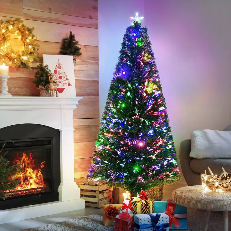 6ft Tall Artificial Douglas Fir Tree with Pre-Lit Fiber Optics, LED Lights, and Realistic Branches, Xmas Tree for Holiday Decor