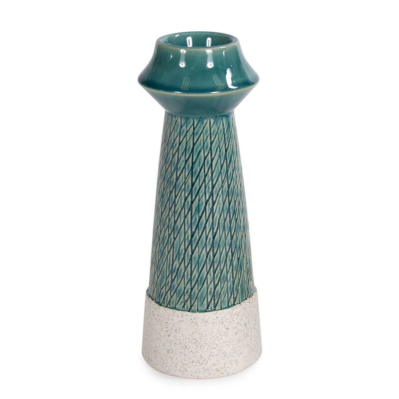 Cross Hatched Sea Blue Ceramic Candle Holder, Large - 9H x 3W x 3D