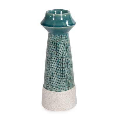 Cross Hatched Sea Blue Ceramic Candle Holder, Large - 9H x 3W x 3D