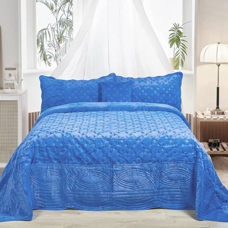 FauxFur Quilted Tatami 4-piece Bedspread Set - Palace Blue - King