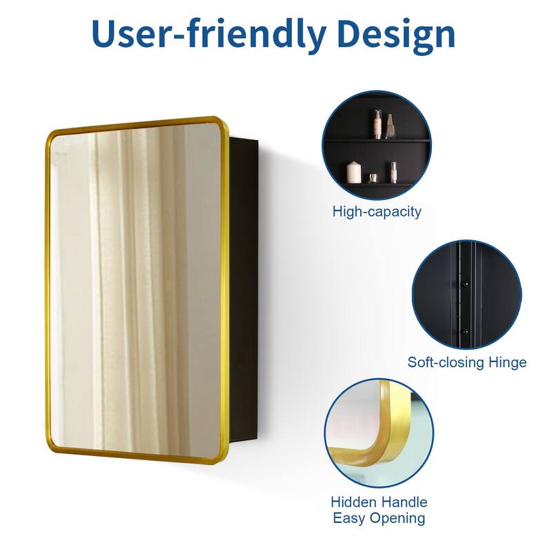 24X30 Inch Gold Metal Framed Wall Mount Or Recessed Bathroom Medicine Cabinet With Mirror