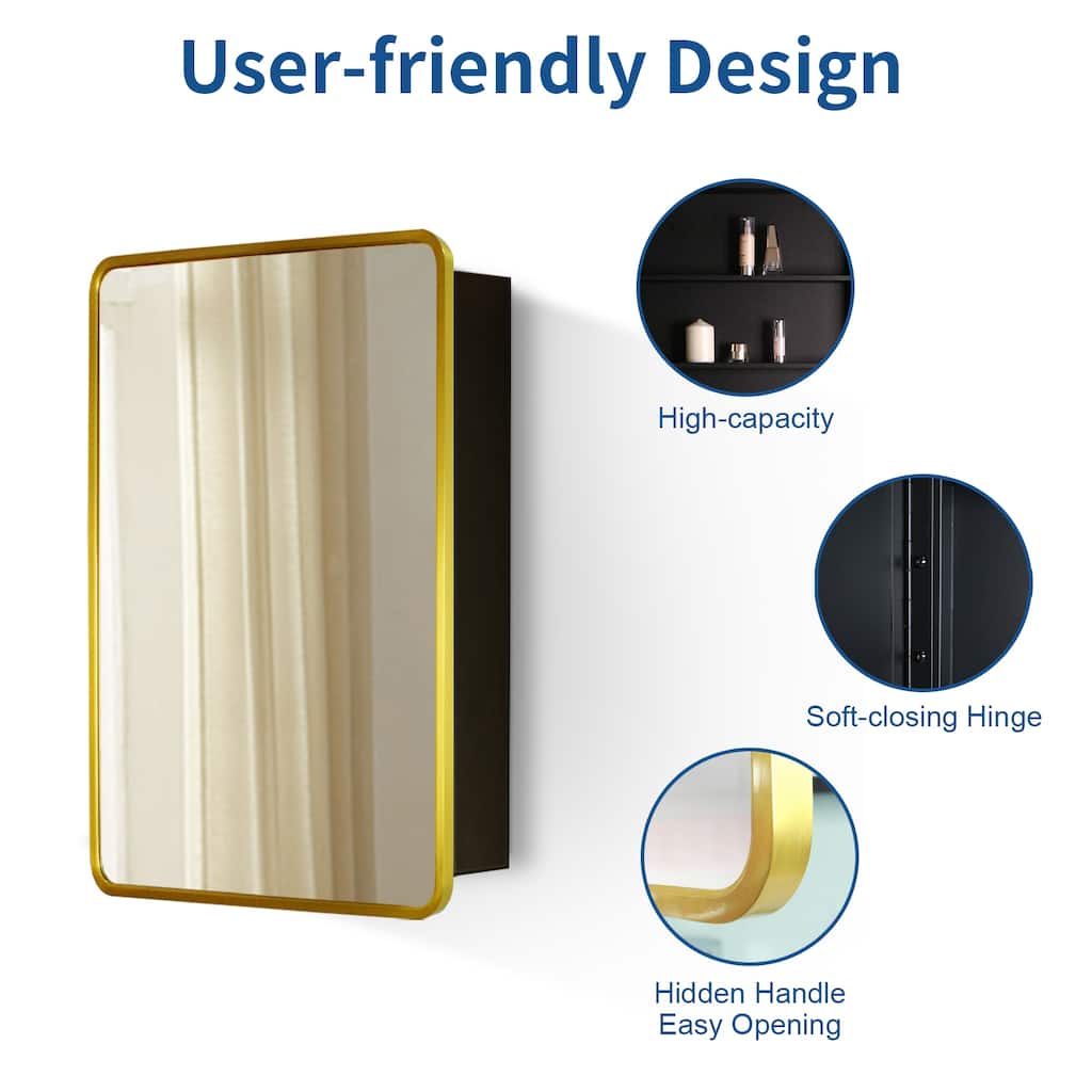 24X30 Inch Gold Metal Framed Wall Mount Or Recessed Bathroom Medicine Cabinet With Mirror