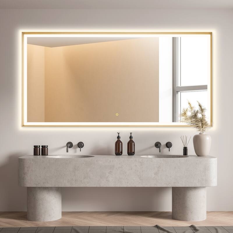 Apollo Rectangular Anti-Fog Dimmable Modern Bathroom/Vanity LED Lighted Wall Mirror in Brushed Gold Aluminum Framed