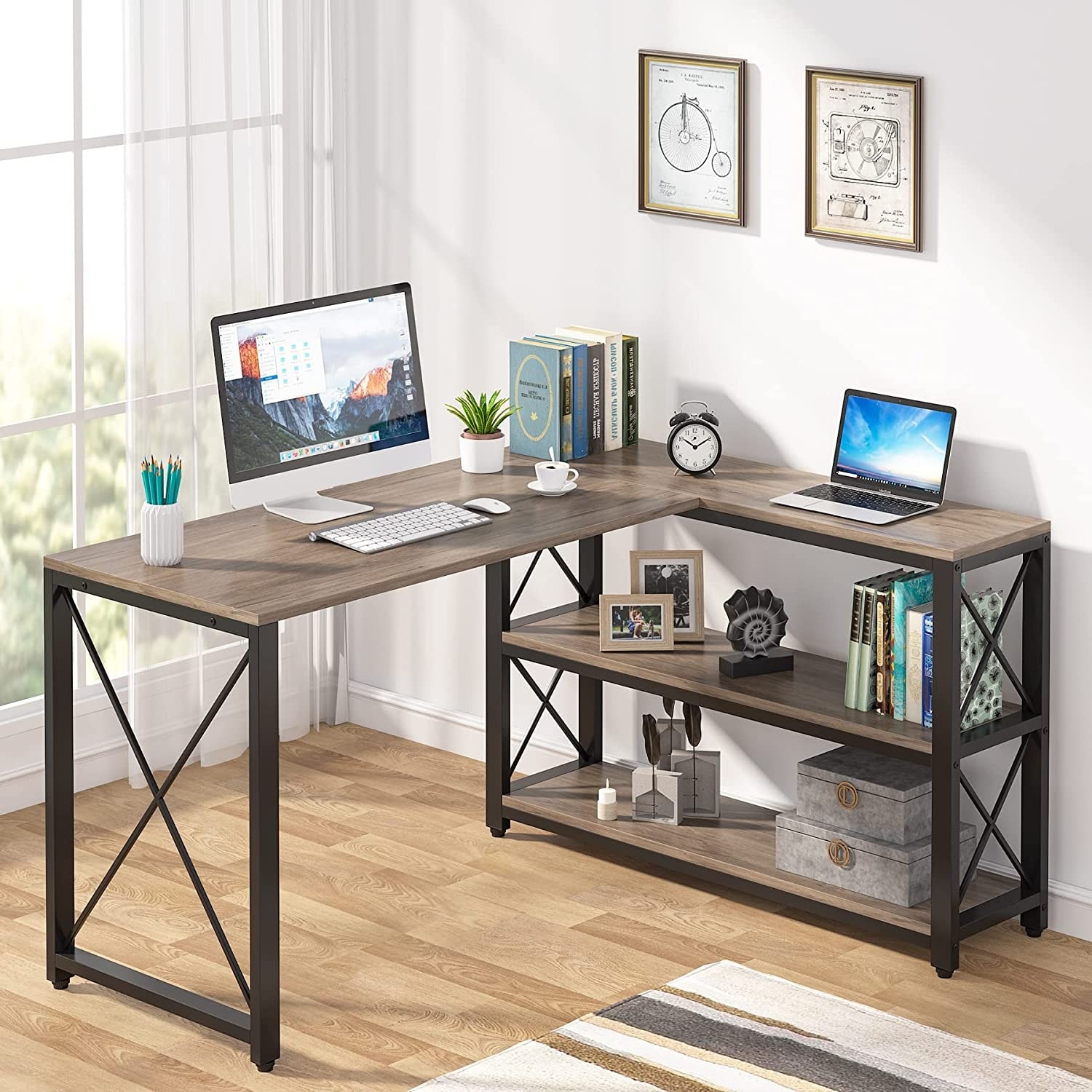 Industrial L Shaped Desk with Storage Shelves Corner Computer