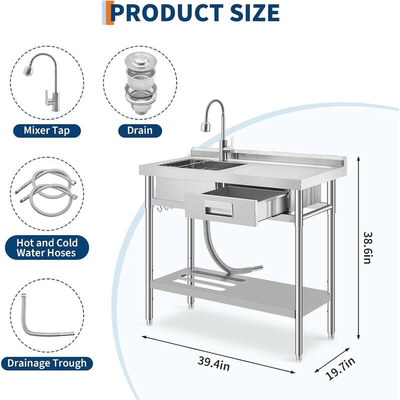 39.5x19.5x38.5inch Freestanding Single Bowl Utility Sink with Pull-Out Hot & Cold Faucet