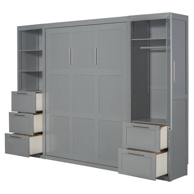 Space-Saving Queen Murphy Bed with Closet, Drawers & Shelves in Gray/White