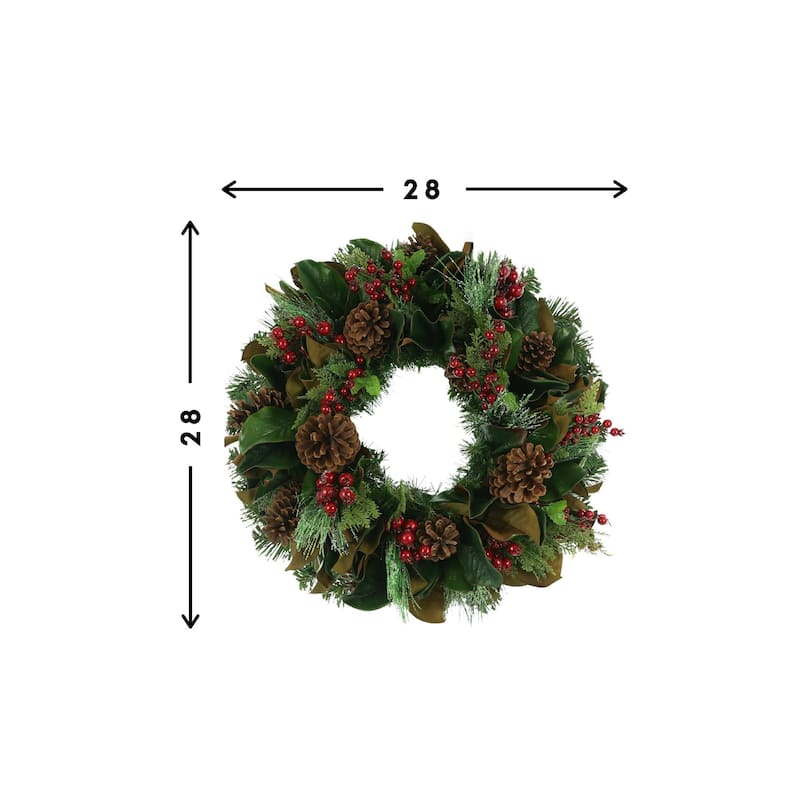 28 in Evergreen Wreath with berries and pinecones - Brown, Green, Red - 28Hx28Wx10D