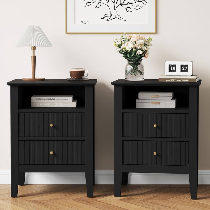 Fluted Nightstand with 2 Drawers and Storage Shelf, Ideal for Bedroom, Living Room, Black