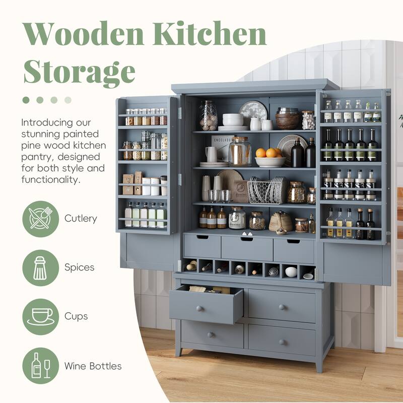 Freestanding Large Kitchen Pantry Wooden Kitchen Storage Cabinet Cupboard with 8 Door Shelves,