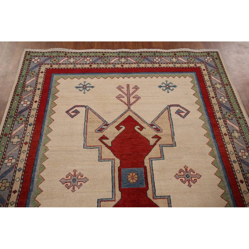 Geometric Beige Kazak Oriental Rug Hand-Knotted Bedroom Wool Carpet - 5'0" x 6'6"