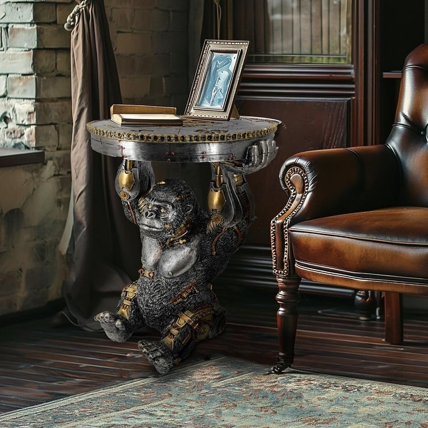 Steampunk Gorilla Side Table with Mechanical Artistry and Resin