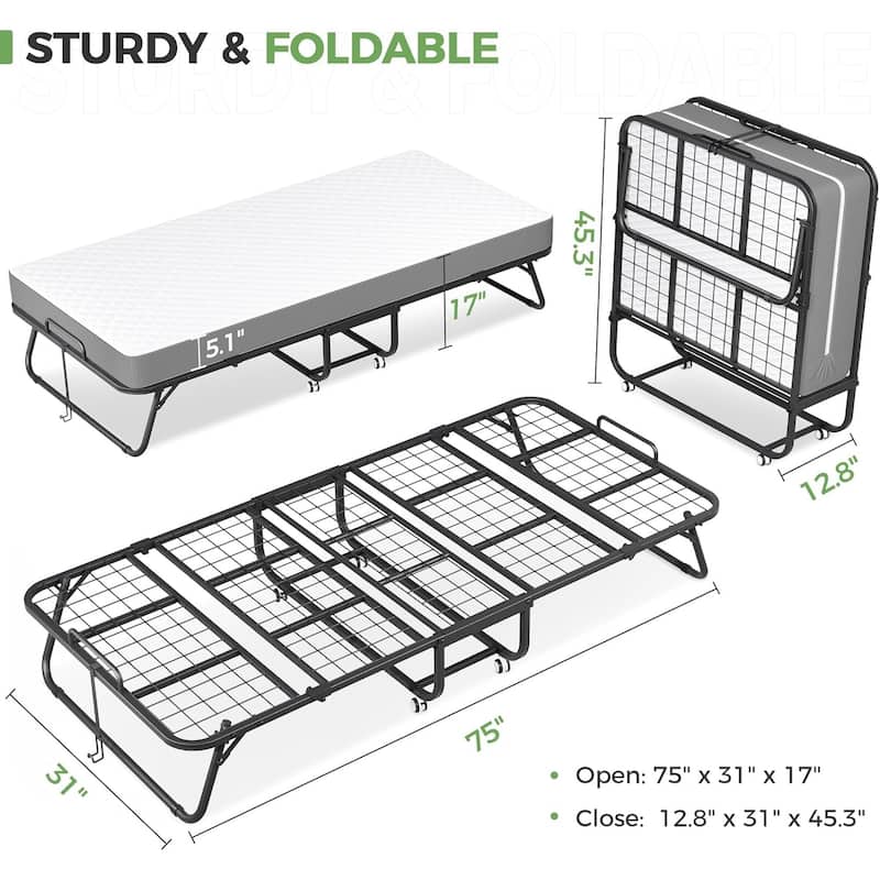 Folding Bed with 5-inch Memory Foam Mattress, Portable Foldable Rolling Guest bed for adults with Dustproof Bag