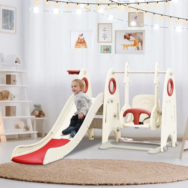 slide 2 of 18, 4 in 1 Toddler Slide,Swing Set,Kids Playground Climber Slide Playset with Basketball Hoop,Freestanding Combination for babies Red