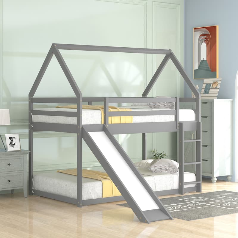Kids Twin Bunk Bed with Slide & Ladder - Gray House Design for Fun & Safe Play