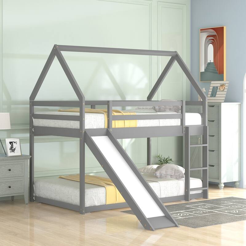 Twin Size Bunk House bed with Slide and Ladder,Gray - Gray