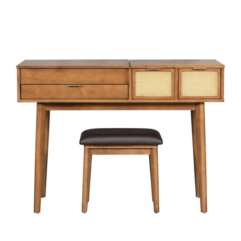 HomeRoots 48" Brown Wood Three Drawer Vanity Table With Mirror And Seating