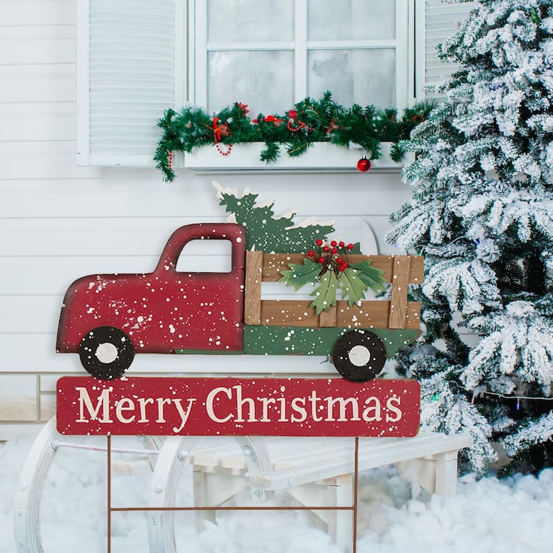 Glitzhome Metal Christmas Truck Garden Yard Stake or Wall Decor