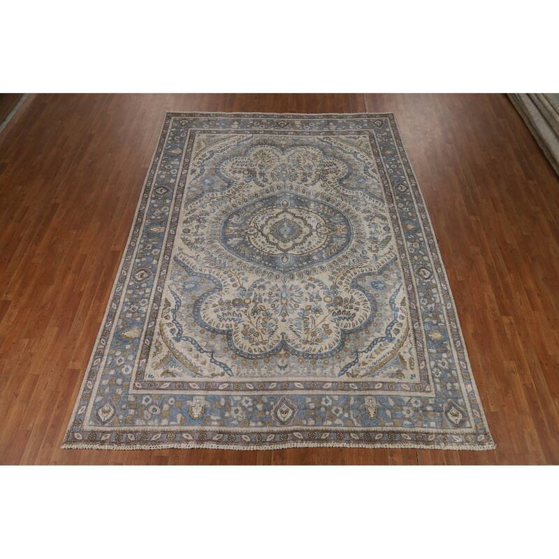 Tabriz Persian Area Rug Hand-Knotted Floral Beige Wool Carpet - 8'2"x 11'0"