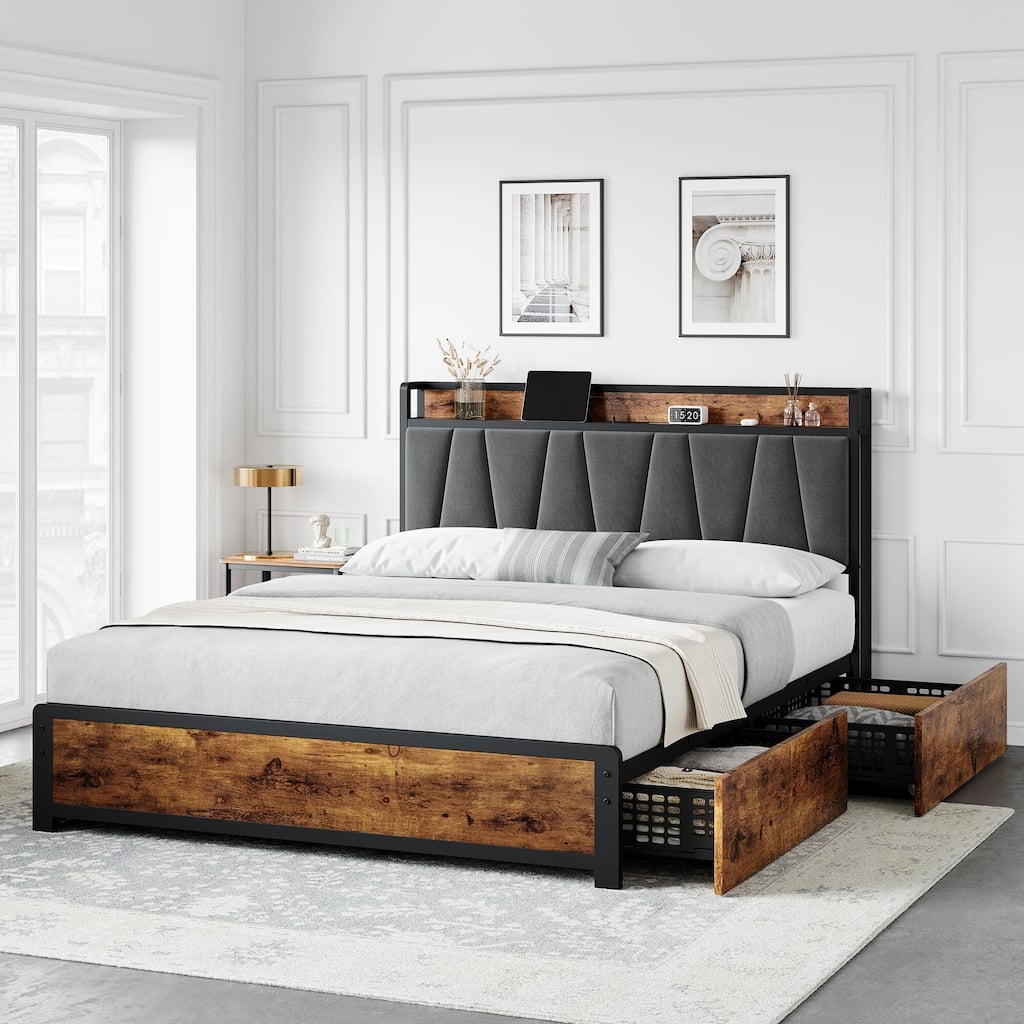 Bed Frame with 4 Storage Drawers and Linen Upholstered Headboard