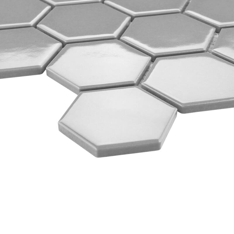 Merola Tile Metro 2" Hex Glossy Light Grey 11-1/8" x 12-5/8" Porcelain Mosaic Floor and Wall Tile
