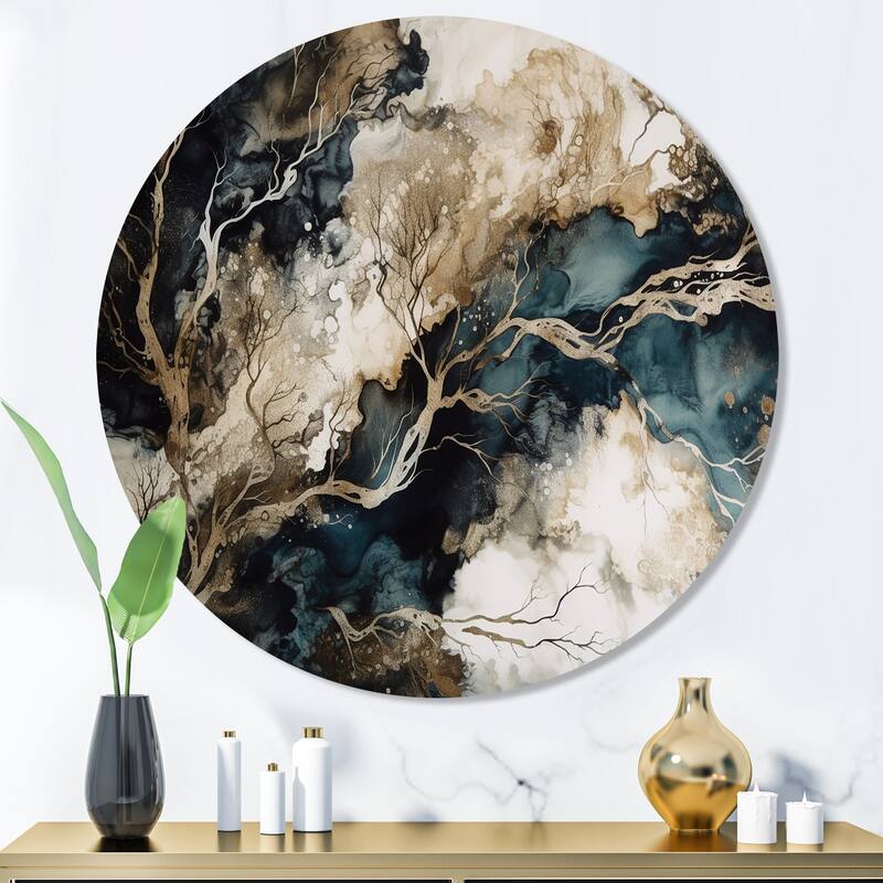 Designart "Blue Beige Marbled Dreamscape I" Modern Geometric Metal Round Wall Art - 36x36 - Disc of 36 Inch