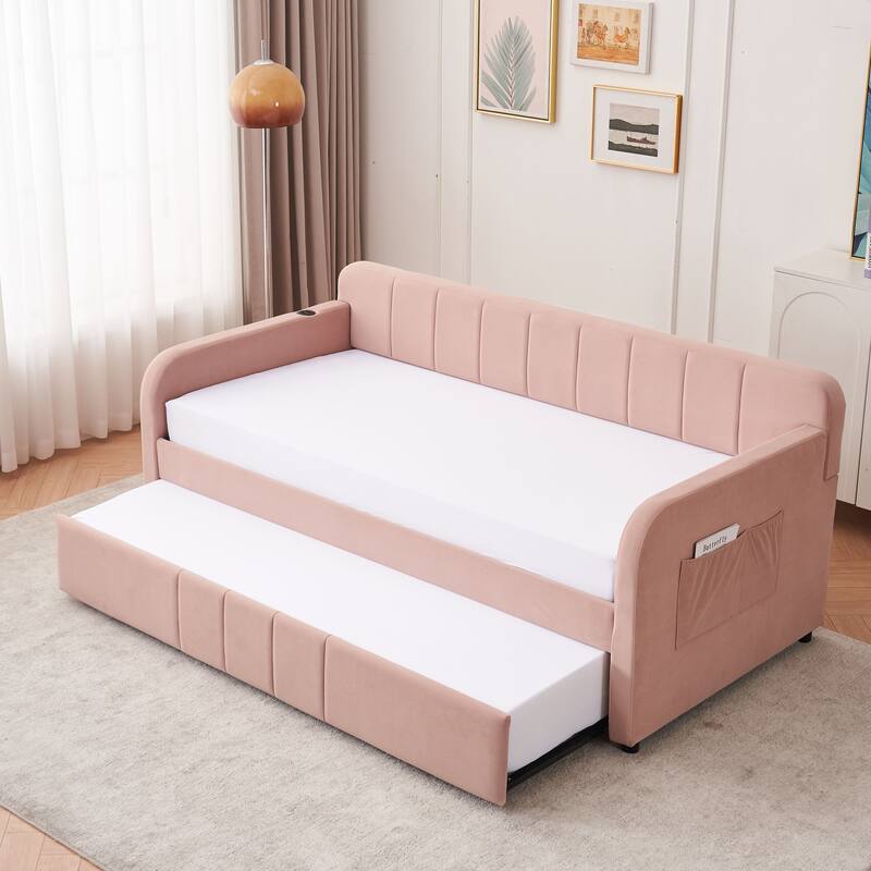 Twin Daybed with Trundle, Upholstered Velvet Frame, Space Saving Daybed Bed for Guest Room