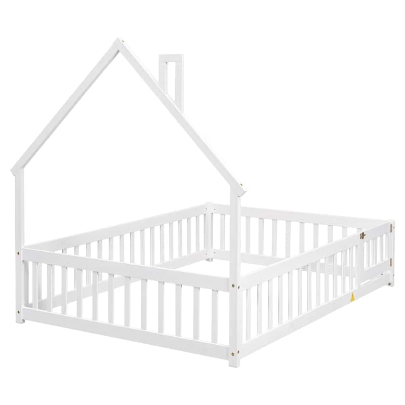 House-Shaped Headboard Full Bed with Fence, White