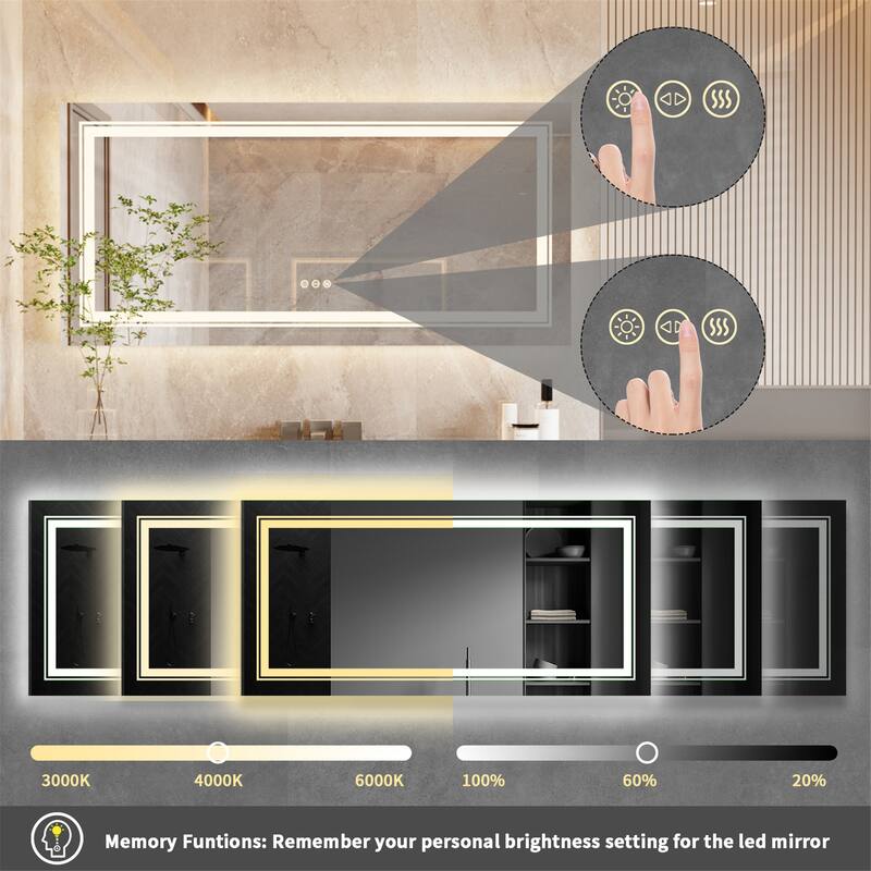 Rectangle Aluminum Frame Bathroom Mirror w/Led Backlit Light Anti-fog