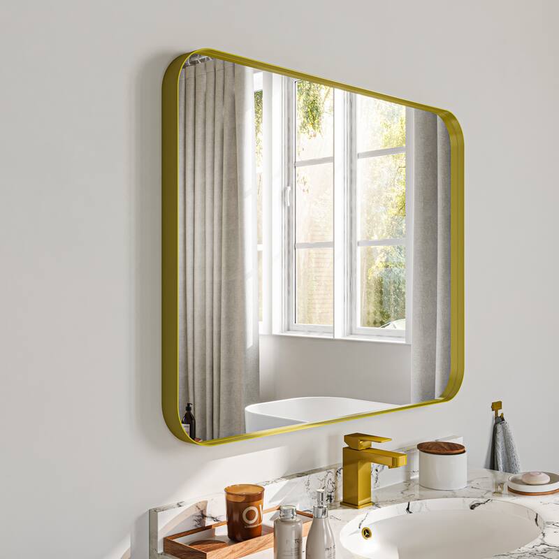 Stylish Rounded Aluminum Framed Bathroom Mirror – Full Length Wall Accent Mirror for Elegant Home Decor - 36"×28" - Brushed Gold