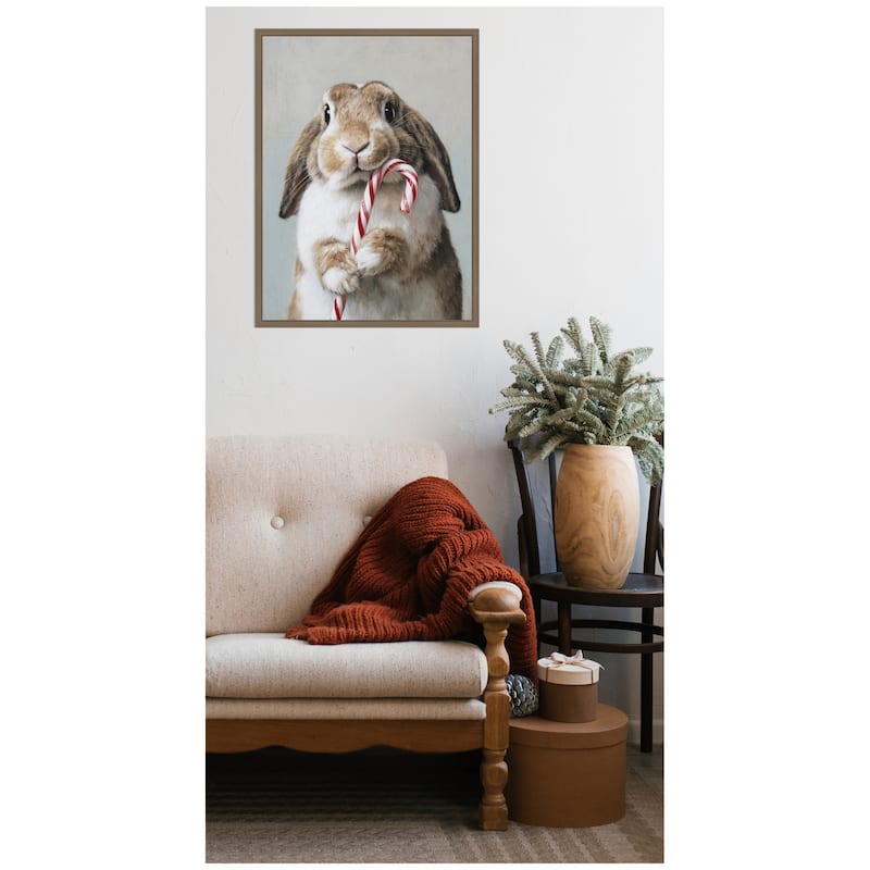 Kate and Laurel Sylvie Framed Canvas Cute Bunny Candy Cane by The Creative Bunch Studio