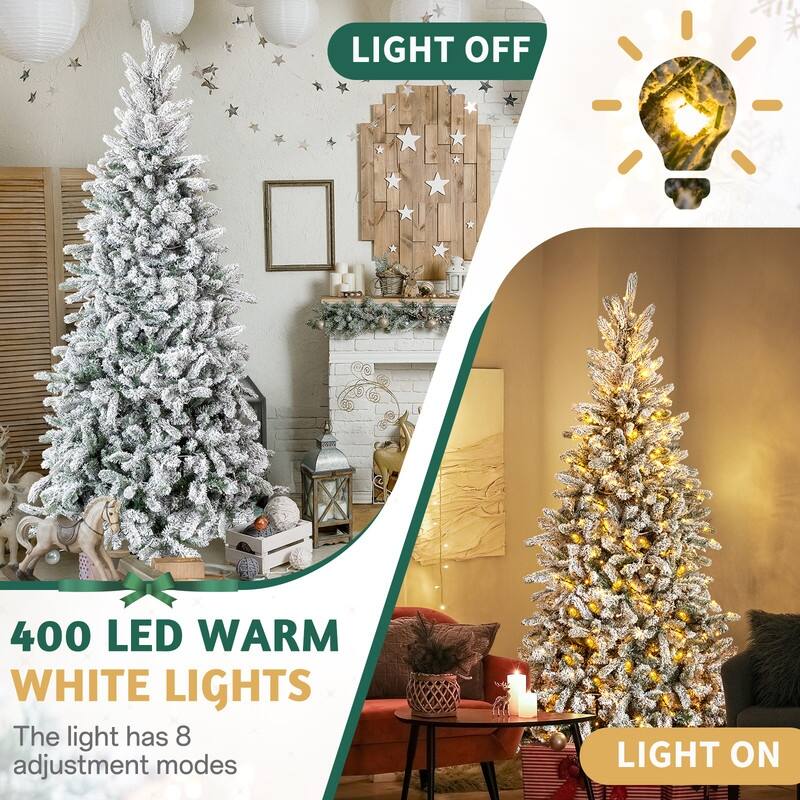 7 FT Snow Flocked Pre-lit Artificial Pencil Christmas Tree, Hinged Xmas Pine Tree for Holiday Party Office Home, Snowy Green