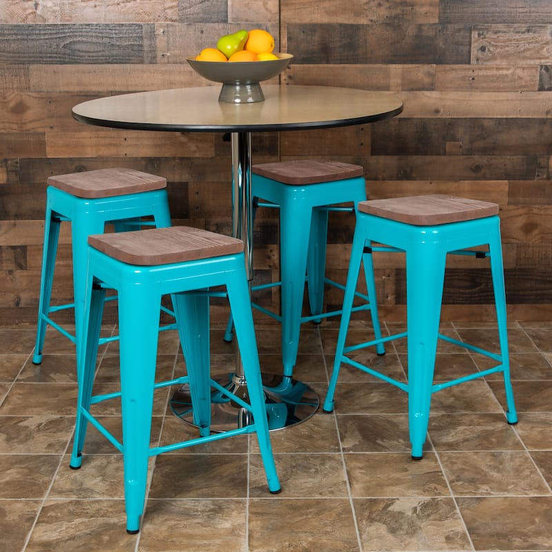 4 Pack 24" High Metal Indoor Counter Bar Stool with Wood Seat - Stackable Stool - Teal
