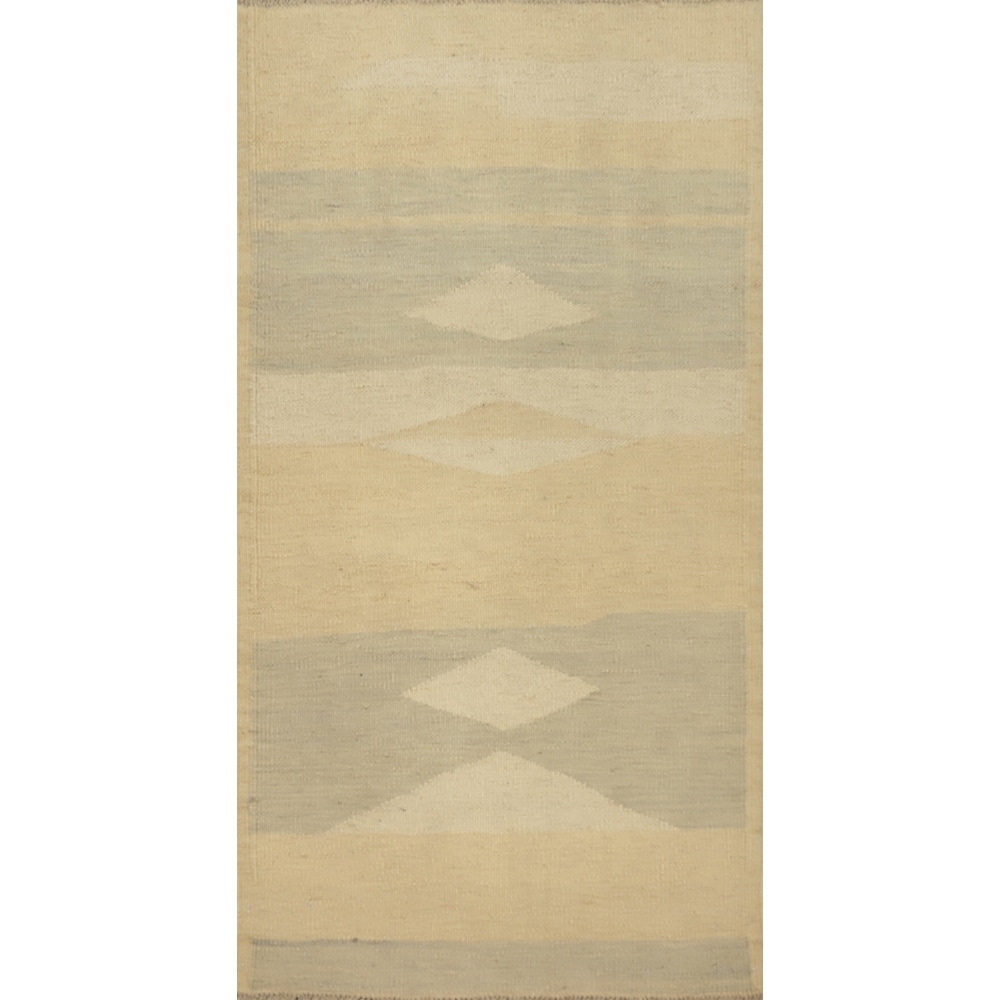 Hand Woven Oriental 100% Wool Carpet Southwestern Modern Beige & Ivories Kilim Area Rug - 4' 0'' X 2' 0''