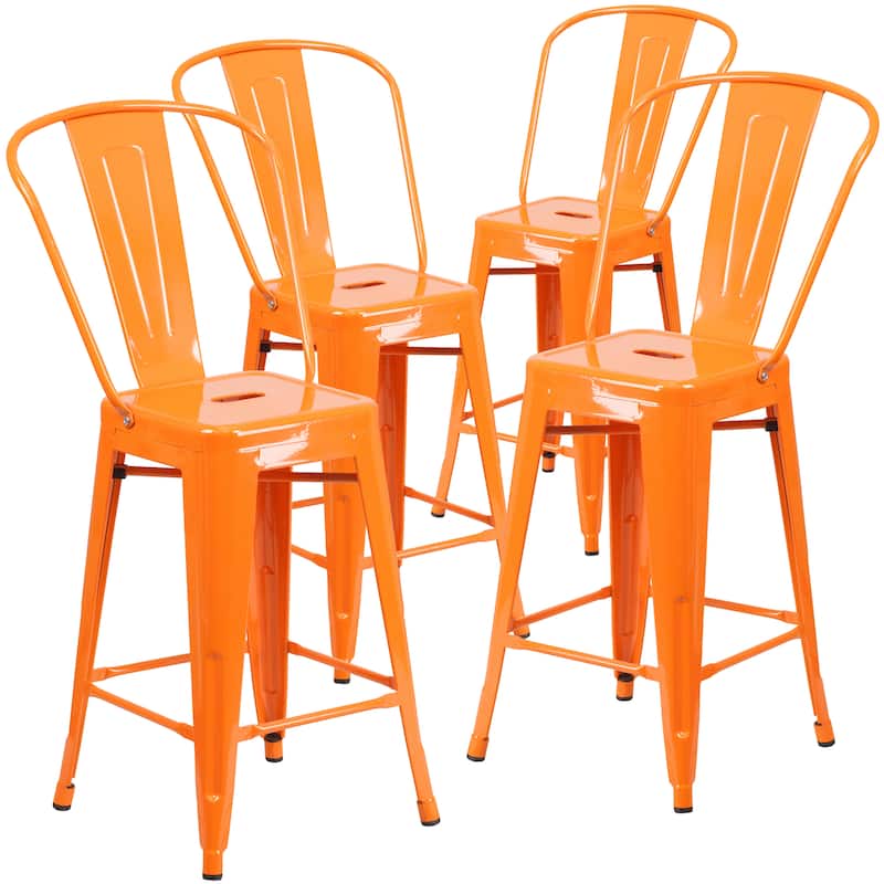Indoor/Outdoor Modern Metal Counter Height Stools with Footrests (Set of 4) - Orange