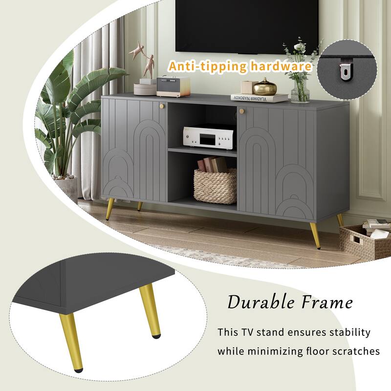 Modern 53'' TV Stand for TVs up to 55'', Media Console with Adjustable Shelf, Metal Legs & Handles, Anti-Tip Device
