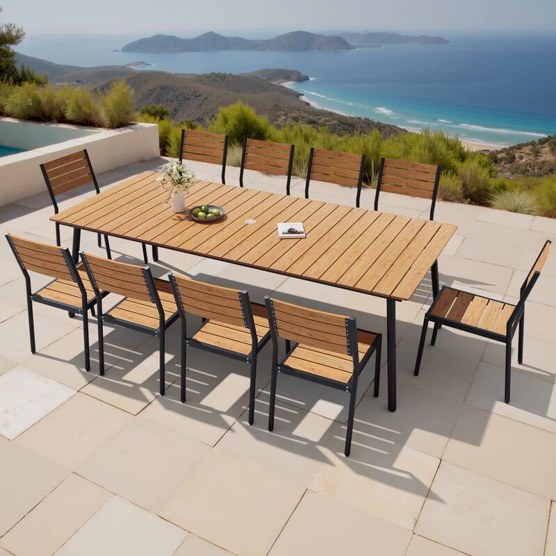 11-piece Outdoor Patio Aluminum Rectangle Dining Set with Umbrella Hole