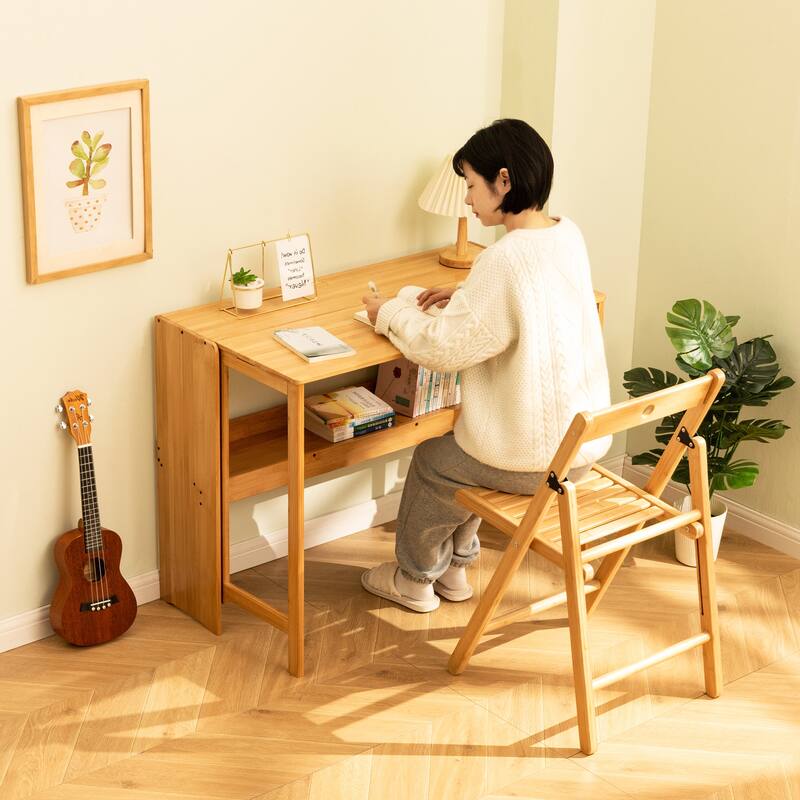 Bamboo Folding Desk for Small Spaces, Space-Saving Computer Table for Home Office & Dorm
