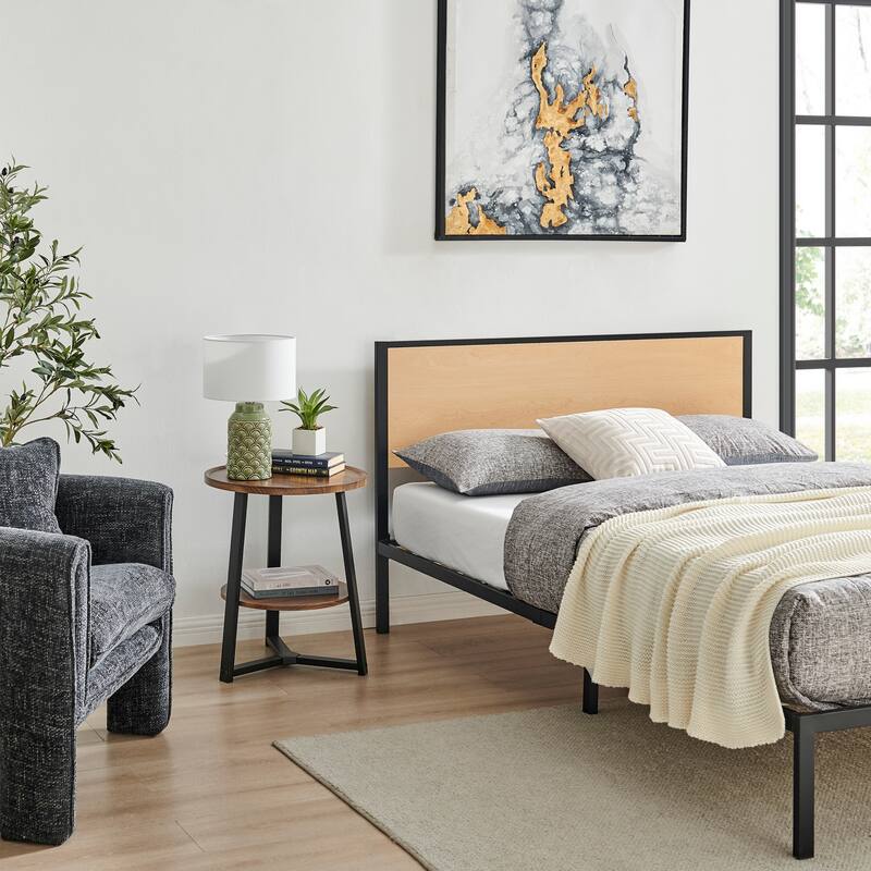 Mason Round 2-Tier Side Accent Table with Raised Lip Edge Tabletop and Mid-century Modern Crossed Metal Bold Pedestal Legs