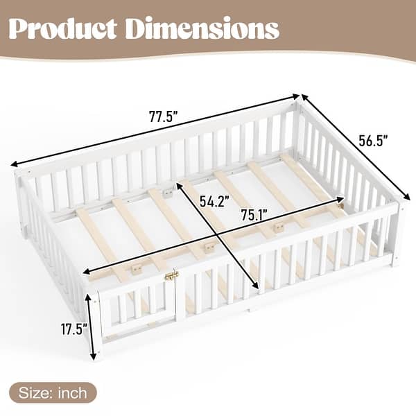 dimension image slide 5 of 16, Wood Floor Bed with Safety Guardrails and Door