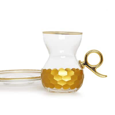 Set of 6 Tea Glasses with Handle and Saucers with Gold Hammered Design