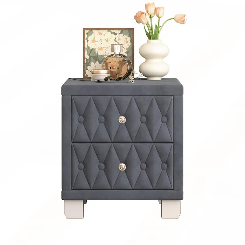 Elegant Velvet Nightstand with 2 Drawers and Crystal Handle