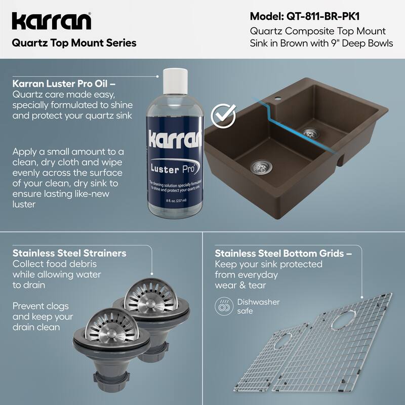 Karran 33" Top Mount Large/Small Bowl Quartz Kitchen Sink Kit - 33" x 22" x 9"