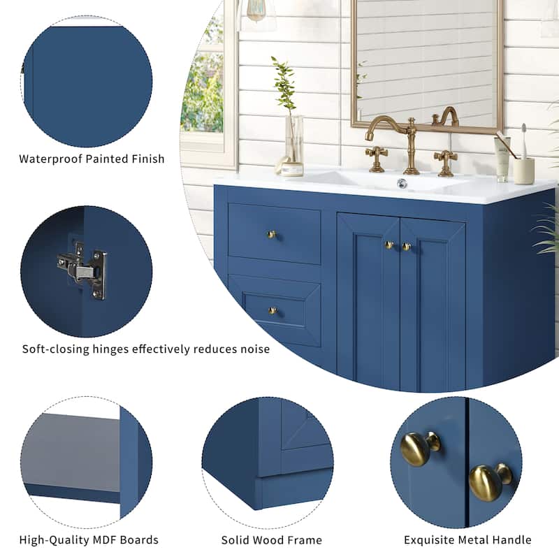 Modern 36 Inch Bathroom Vanity with Sink, Freestanding Solid Wood Cabinet with Drawers & Shelf, Blue