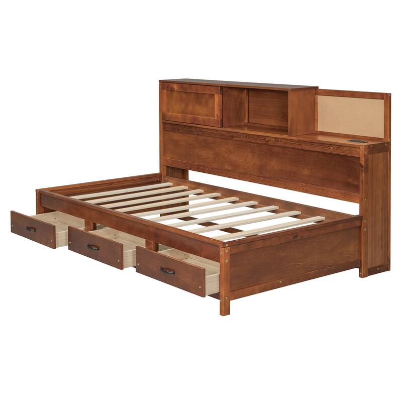 Twin Size Wooden Daybed with 3 Storage Drawers, Upper Soft Board, shelf, and a set of Sockets and USB Ports